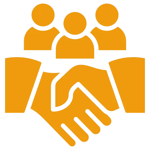 Handshake icon with three abstract figures in the background, symbolizing collaboration and teamwork in professional settings.
