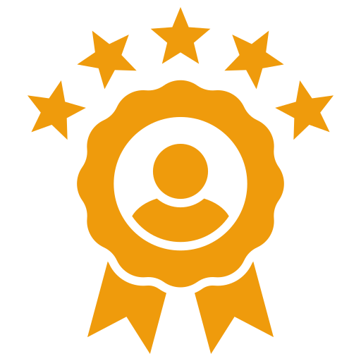 Orange badge with a person icon at the center, surrounded by five stars, symbolizing excellence or recognition in a service or achievement context.