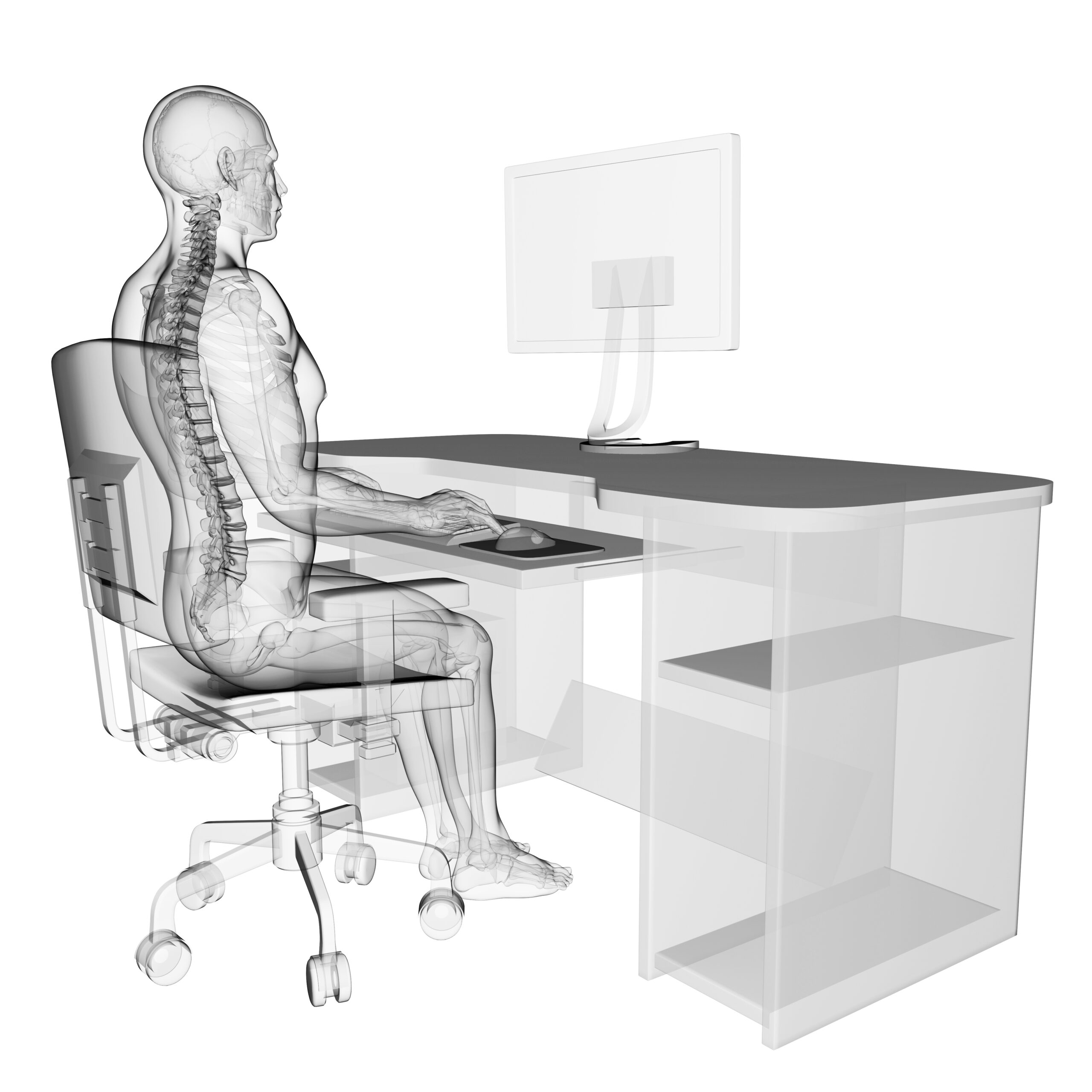 Anatomical illustration of a seated human figure at a desk, demonstrating ergonomic posture while using a computer.